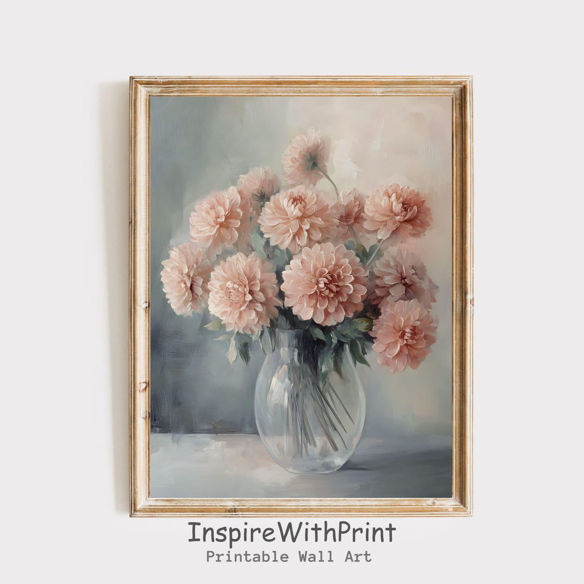 Soft Pink Dahlias In Clear Glass Vase Vintage Botanical Wall Art