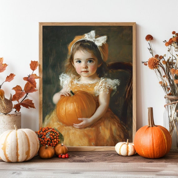 Vintage Kid With Pumpkin Painting Fall Wall Art Artful Autumn Decor Little Girl Portrait Moody Print
