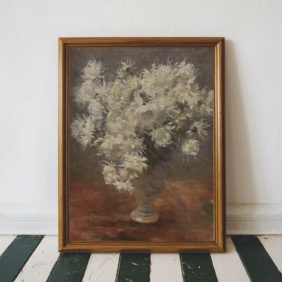 Moody White Flower Still Life Painting Vintage Floral Art Neutral Wall Antique Print Cottage Core Decor