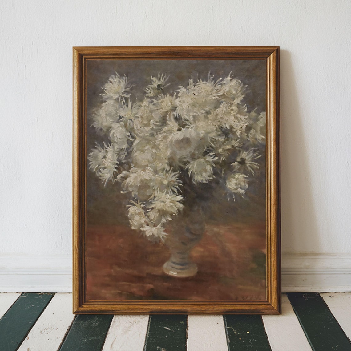 White Chrysanthemum Bouquet Moody Vintage Floral Oil Painting Poster