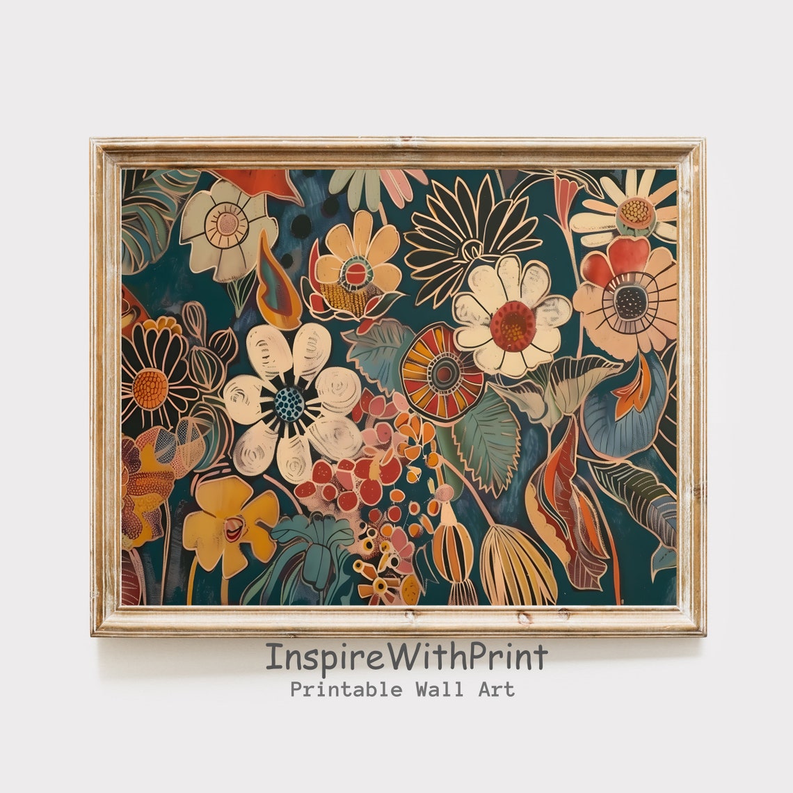 Midcentury Boho Floral Bouquet Teal Orange Botanical Wall Art