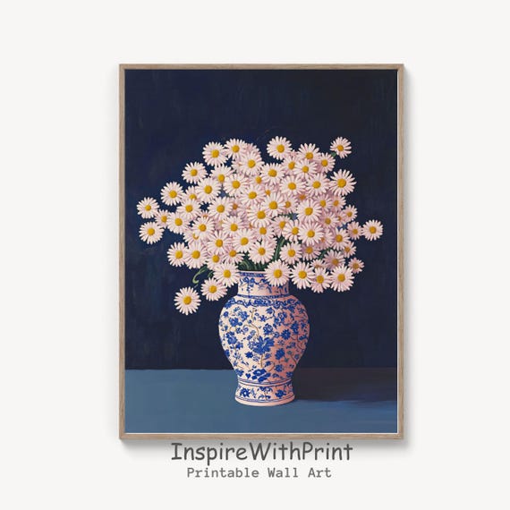 Daisy Flower Bouquet In Chinoiserie Vase Print Pink Daisies Wall Art Moody Floral Still Life Painting