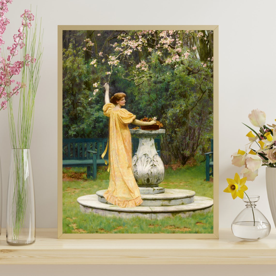 Vintage Lady In Yellow Gown Spring Garden Classic Art Poster