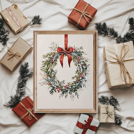 Vintage Christmas Wreath Art Print, Minimalist Holiday Decor