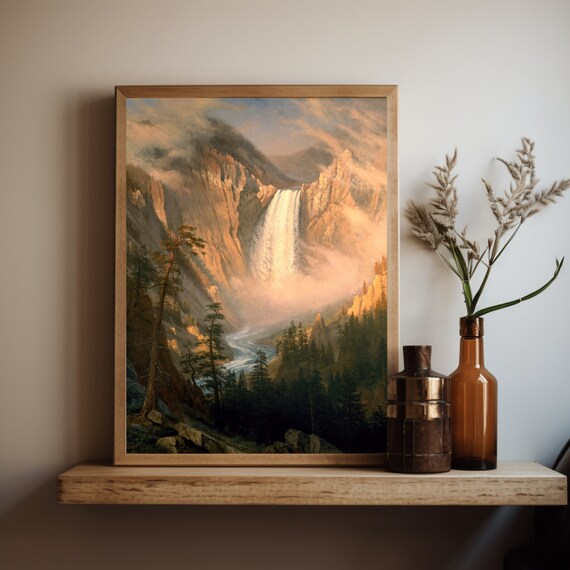 Mountain Waterfall Vintage Landscape Painting Golden Canyon Scene Poster