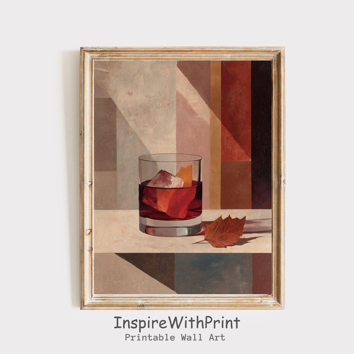 Negroni On Ice With Autumn Leaf Muted Geometric Cocktail Painting Poster