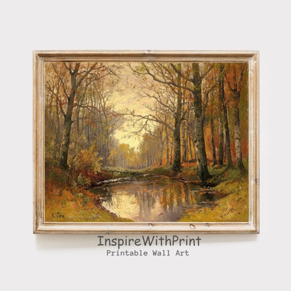 Rustic Fall Forest Landscape Painting Print Moody Autumn Scenery Wall Art Farmhouse Decor