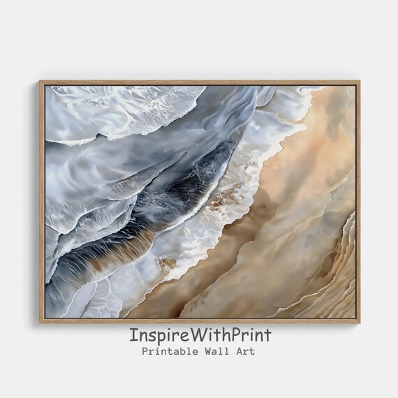 Diagonal Blue Gray Ocean Waves Silver Foam Sand Coastal Wall Art