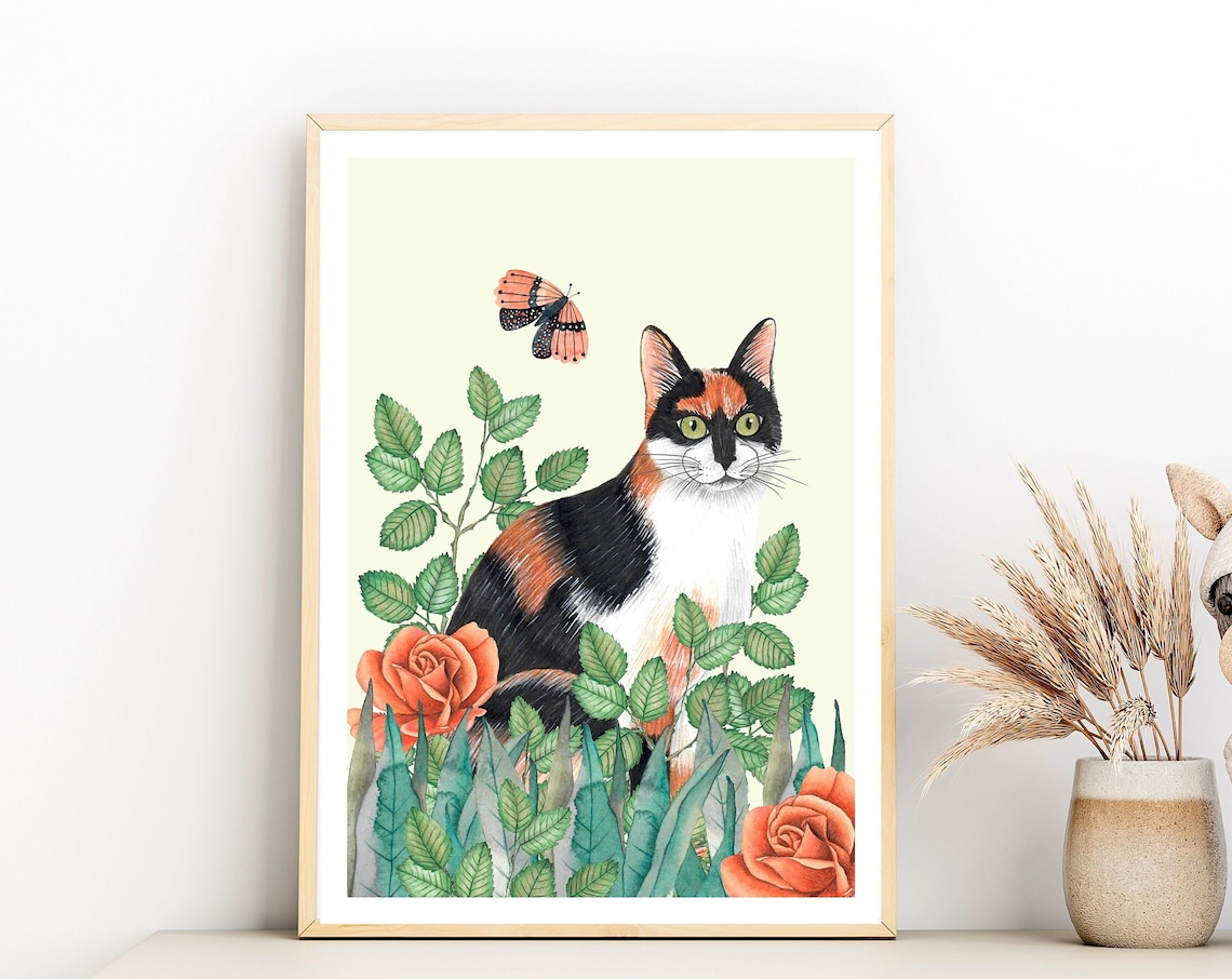 Calico Cat Nursery Art Print, Baby Animal Illustration