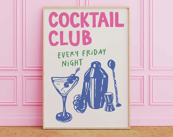 Cocktail Club Every Friday Night Retro Martini Bar Cart Poster