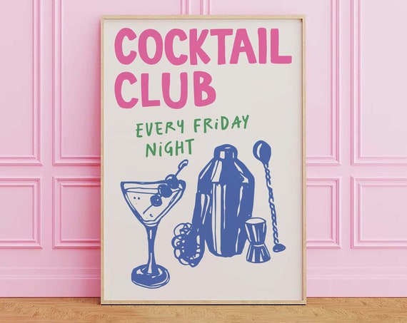Cocktail Club Print Art Bar Cart Decor Trendy Kitchen Poster Cute Bar Cart Wall Art