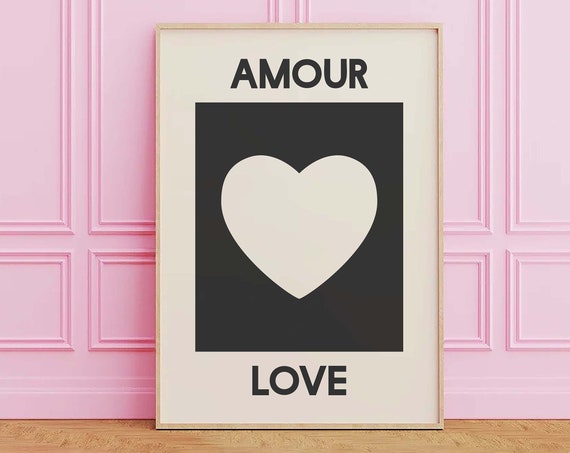 Amour Love Print Art Black Heart Wall Art Neutral Love Wall Art Cute Trendy Wall Art