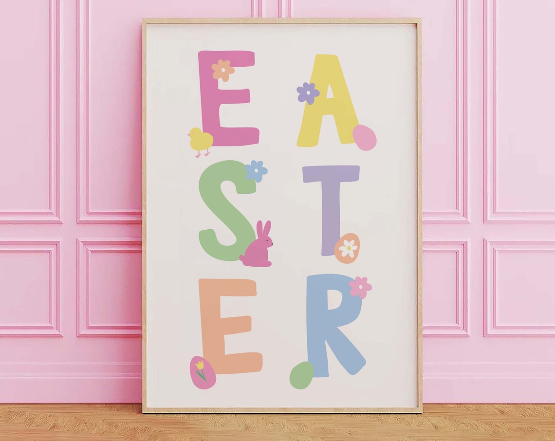 Pastel EASTER Block Letters Chick Bunny Painted Eggs Holiday Poster