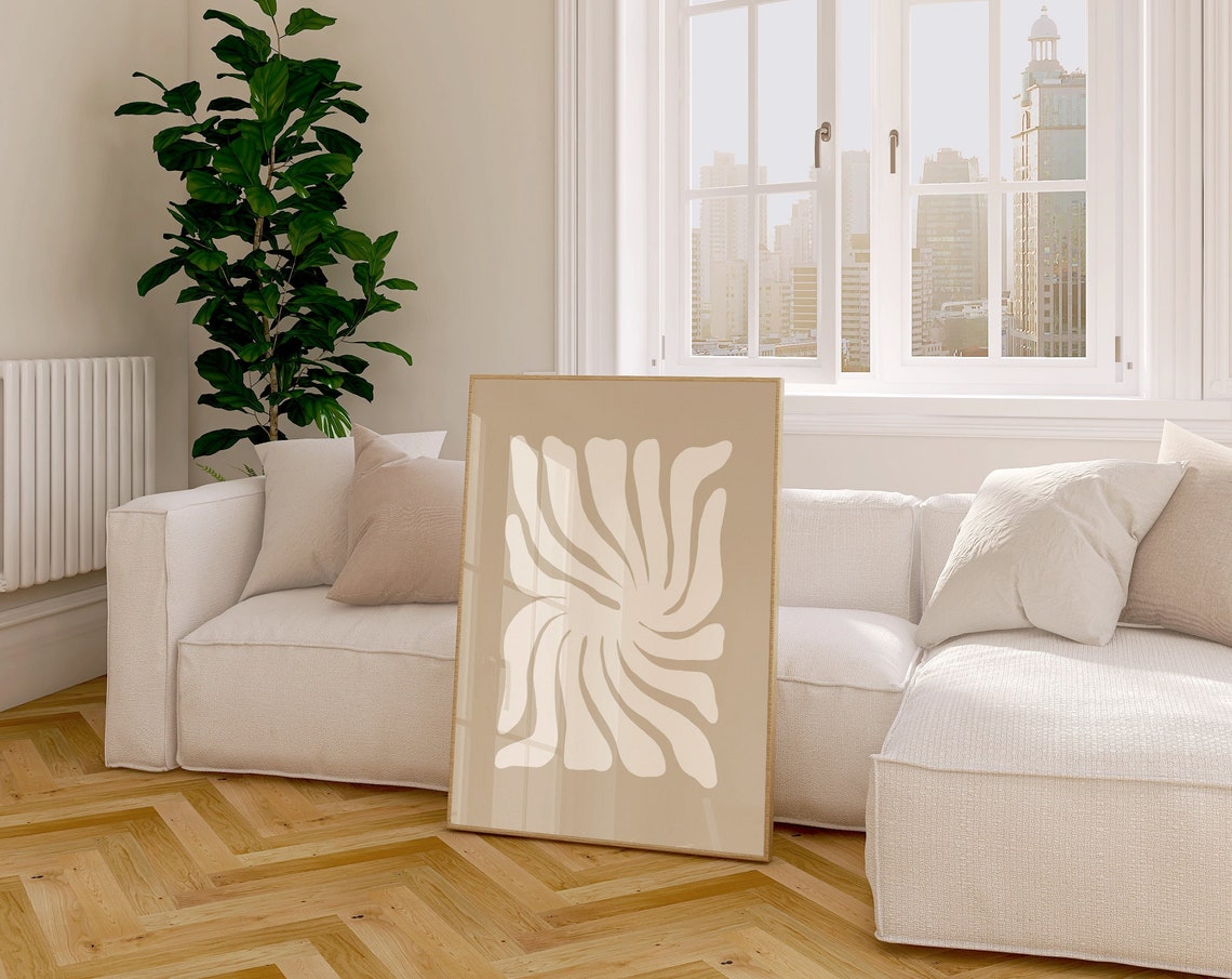 Taupe White Organic Sunburst Modern Abstract Botanical Poster