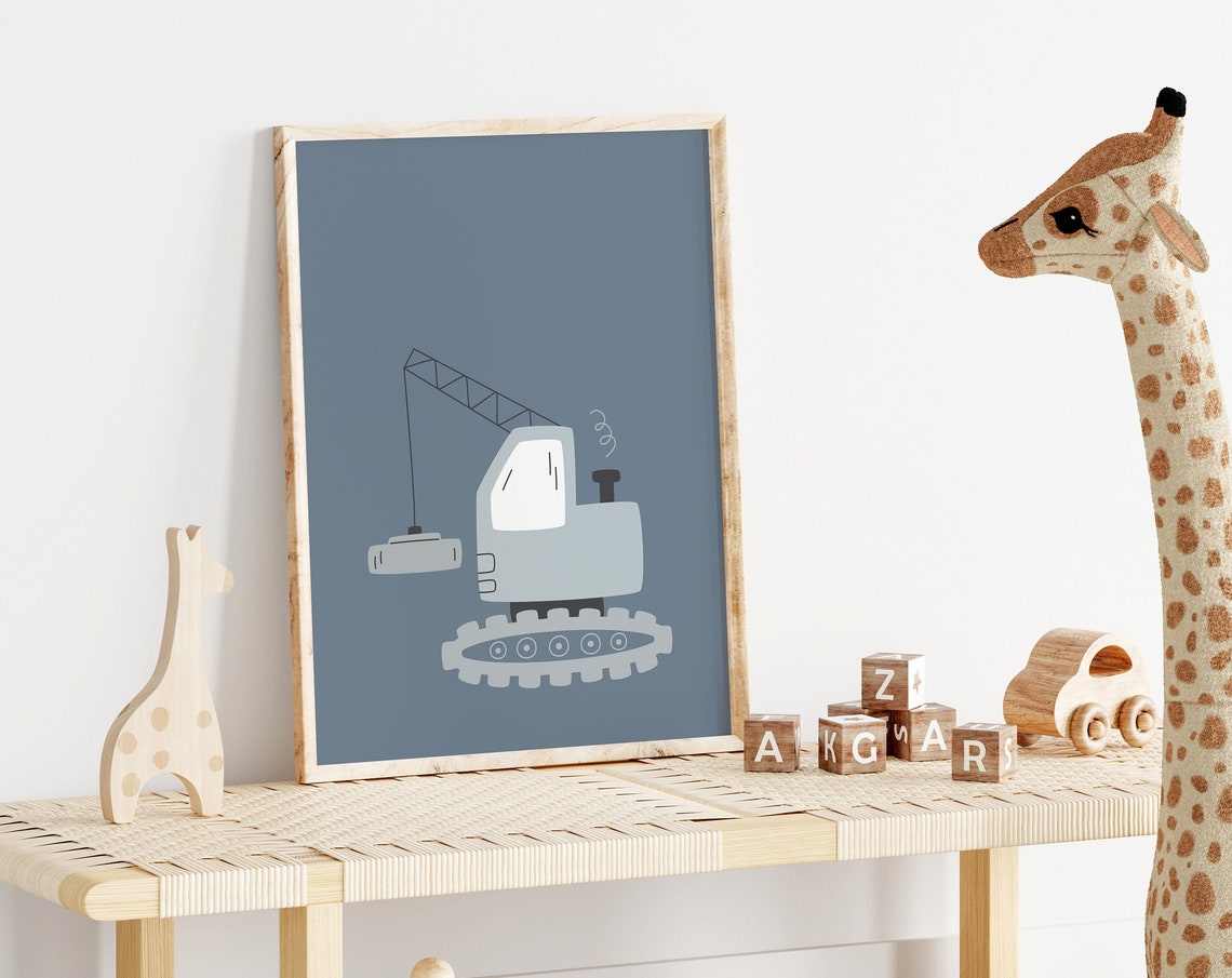 Blue Crane Truck Construction Vehicle Poster For Boys Nursery