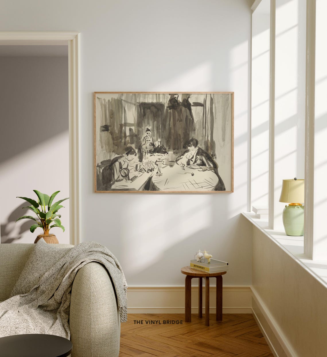 Vintage Grayscale Interior Sketch Moody Antique Figurative Poster - Image 3