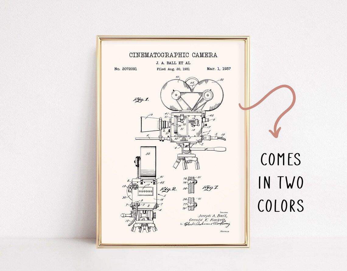 1937 Cinematographic Camera Patent Drawing Poster for Film Fans