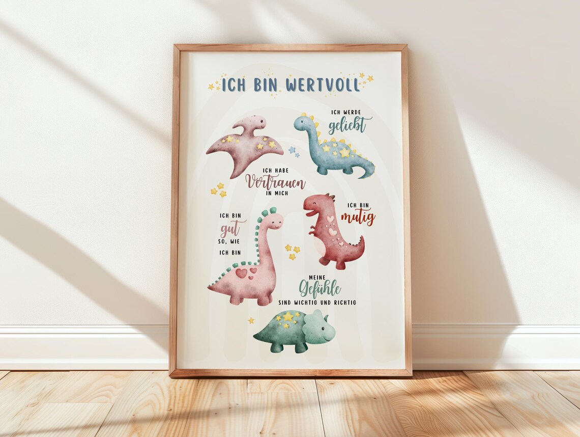 German Dinosaur Affirmation Watercolor Nursery Kids Bedroom Poster