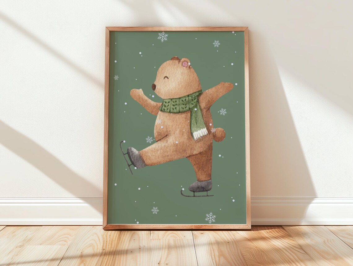 Ice Skating Bear Watercolor Winter Wonderland Kids Room Poster