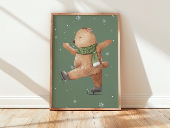 Ice Skating Bear Watercolor Winter Wonderland Kids Room Poster