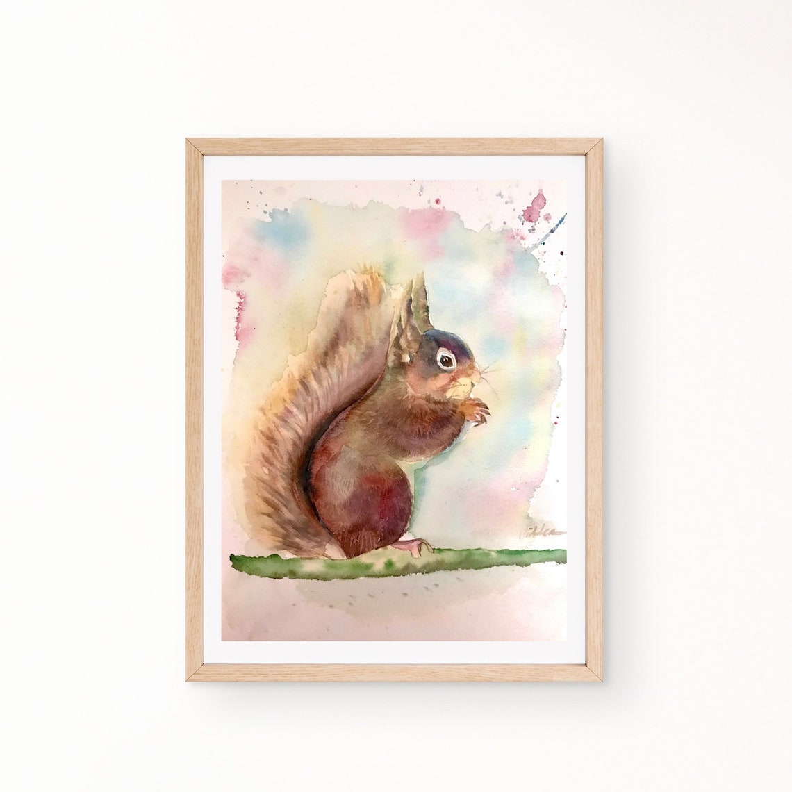 Adorable Red Squirrel on a Branch Watercolor Portrait Poster