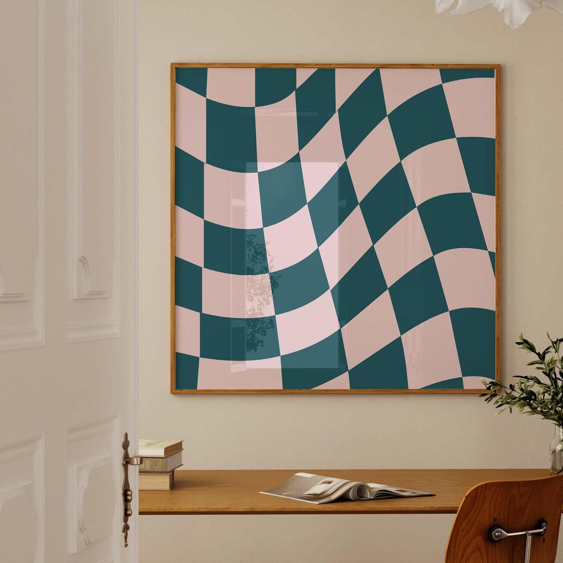 Wavy Teal and Blush Pink Checkerboard Retro Geometric Poster
