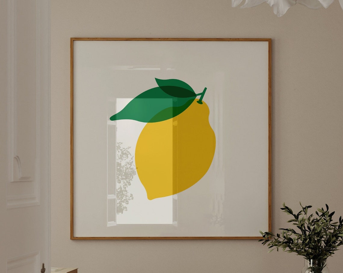 Minimalist Yellow Lemon Green Leaf Modern Fruit Kitchen Art Poster