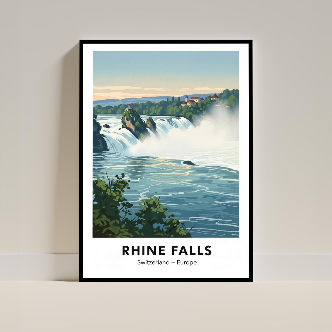 Rhine Falls Switzerland Travel Poster Vintage Waterfall Illustration