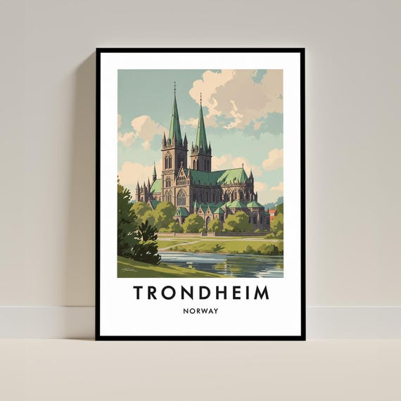 Trondheim Norway Nidaros Cathedral Gothic Spires Vintage Travel Poster