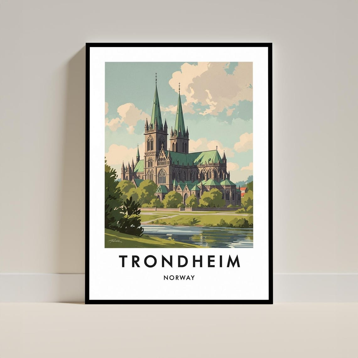 Trondheim Norway Nidaros Cathedral Gothic Spires Vintage Travel Poster