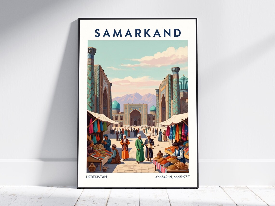 Samarkand Uzbekistan Registan Bazaar Minarets Vintage Travel Poster