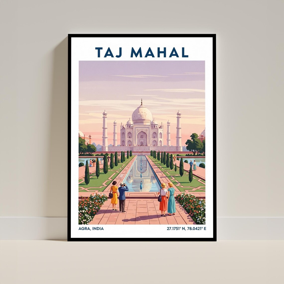 Taj Mahal Agra India Reflecting Pool Classic Vintage Travel Poster