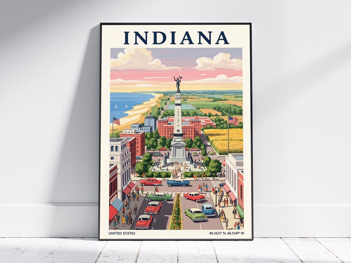 Indiana Monument Circle Indianapolis City Vintage Travel Poster Skyline