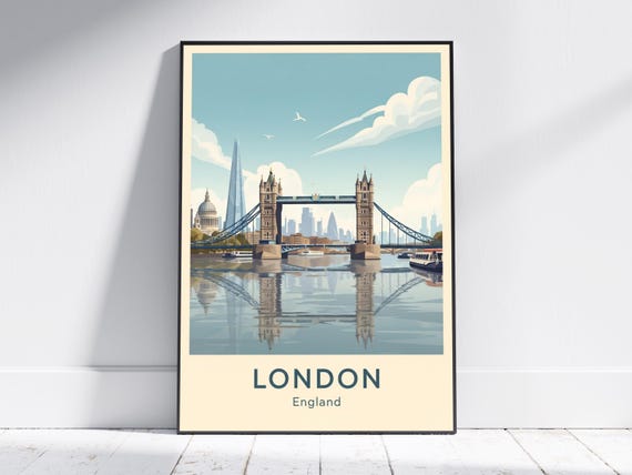 London Tower Bridge Art Print Blue Beige Decor Illustration Modern Travel Home Office Wall