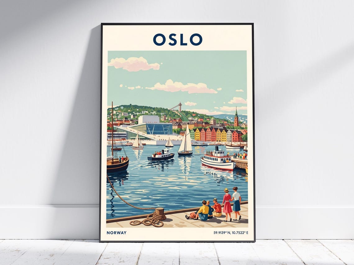 Oslo Norway Harbor Sailboats Scenic Opera Waterfront Travel Poster
