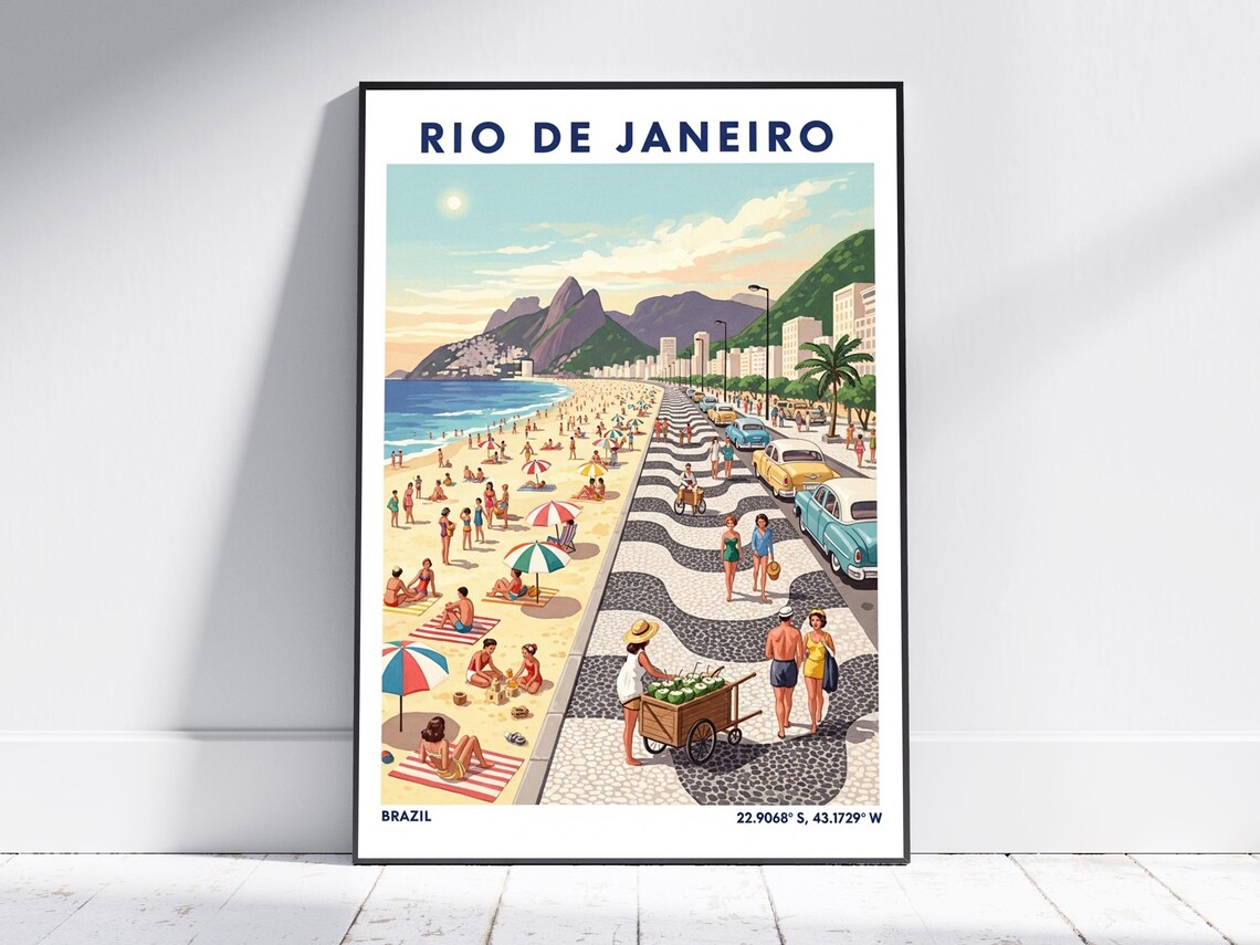 Rio De Janeiro Copacabana Beach Promenade Vintage Travel Poster