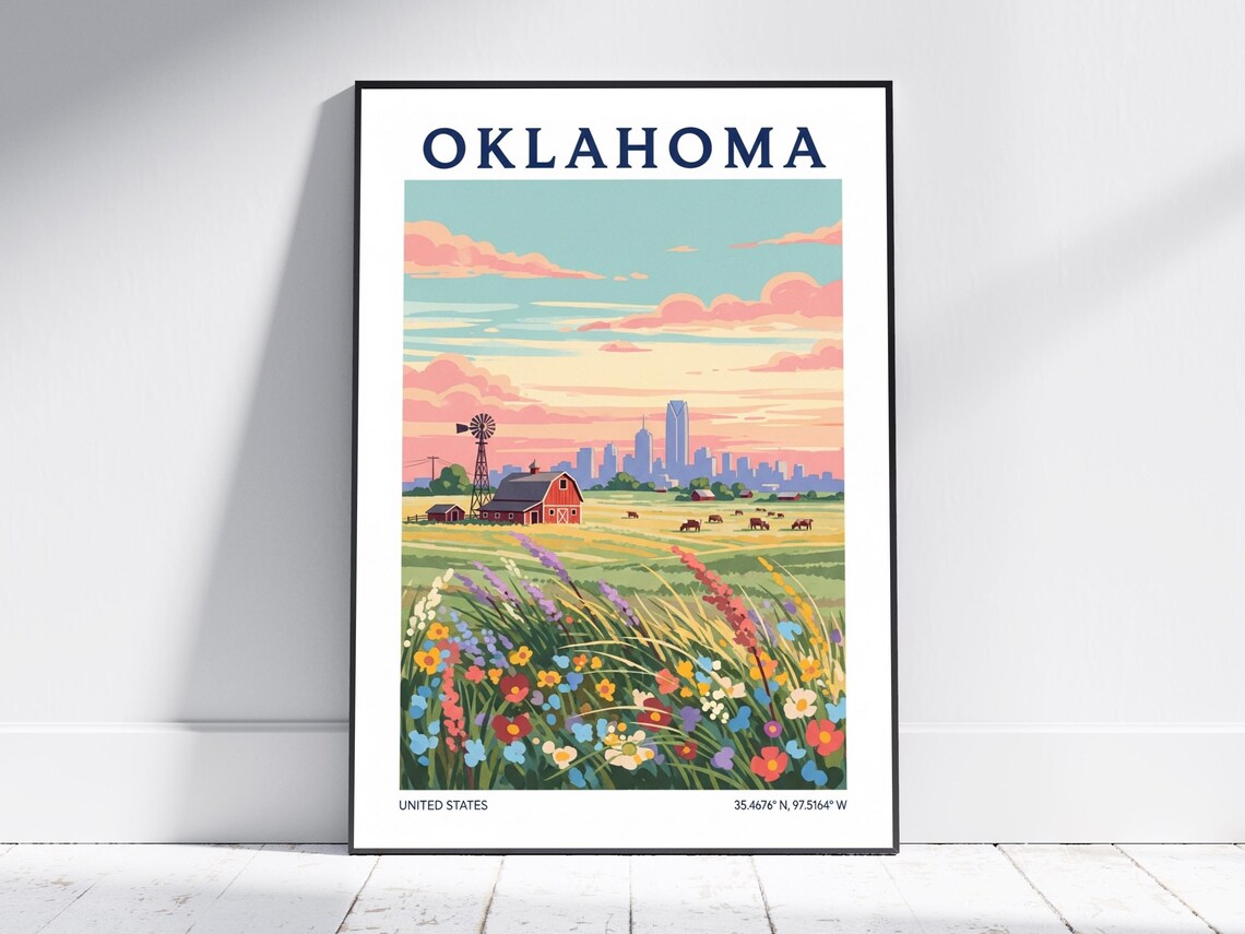 Oklahoma Prairie Wildflowers Barn Skyline Vintage Travel Poster