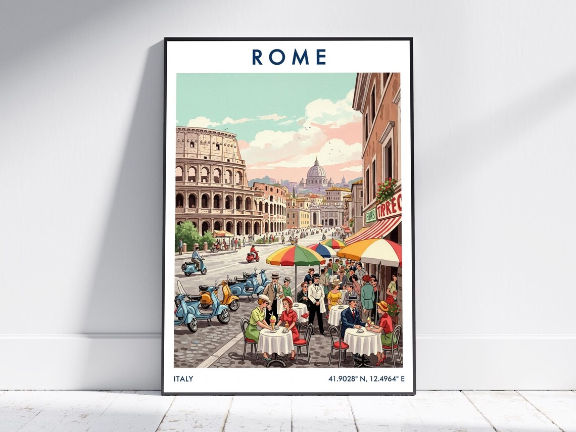 Rome Italy Colosseum St Peters Dome Street Cafes Vintage Travel Poster