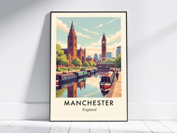 Manchester Cityscape Art Print Teal And Navy Wall Vintage Travel Poster Orange Green Canal Illustration For Living Room Or
