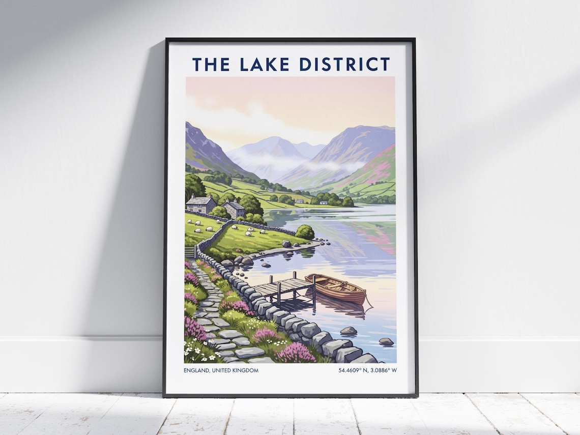 The Lake District England Scenic Lakeside Vintage Travel Poster