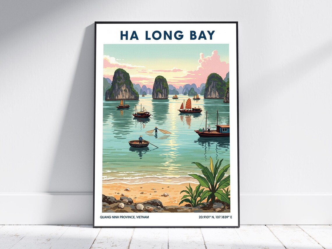 Ha Long Bay Vietnam Limestone Karsts Junk Boats Travel Poster