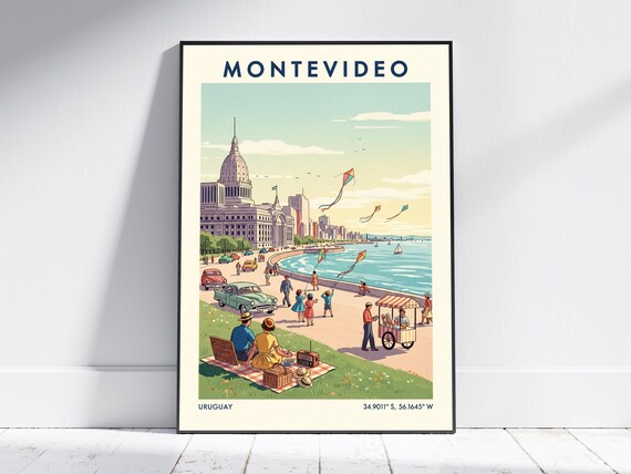 Montevideo Uruguay Vintage Rambla Waterfront Travel Scene Poster