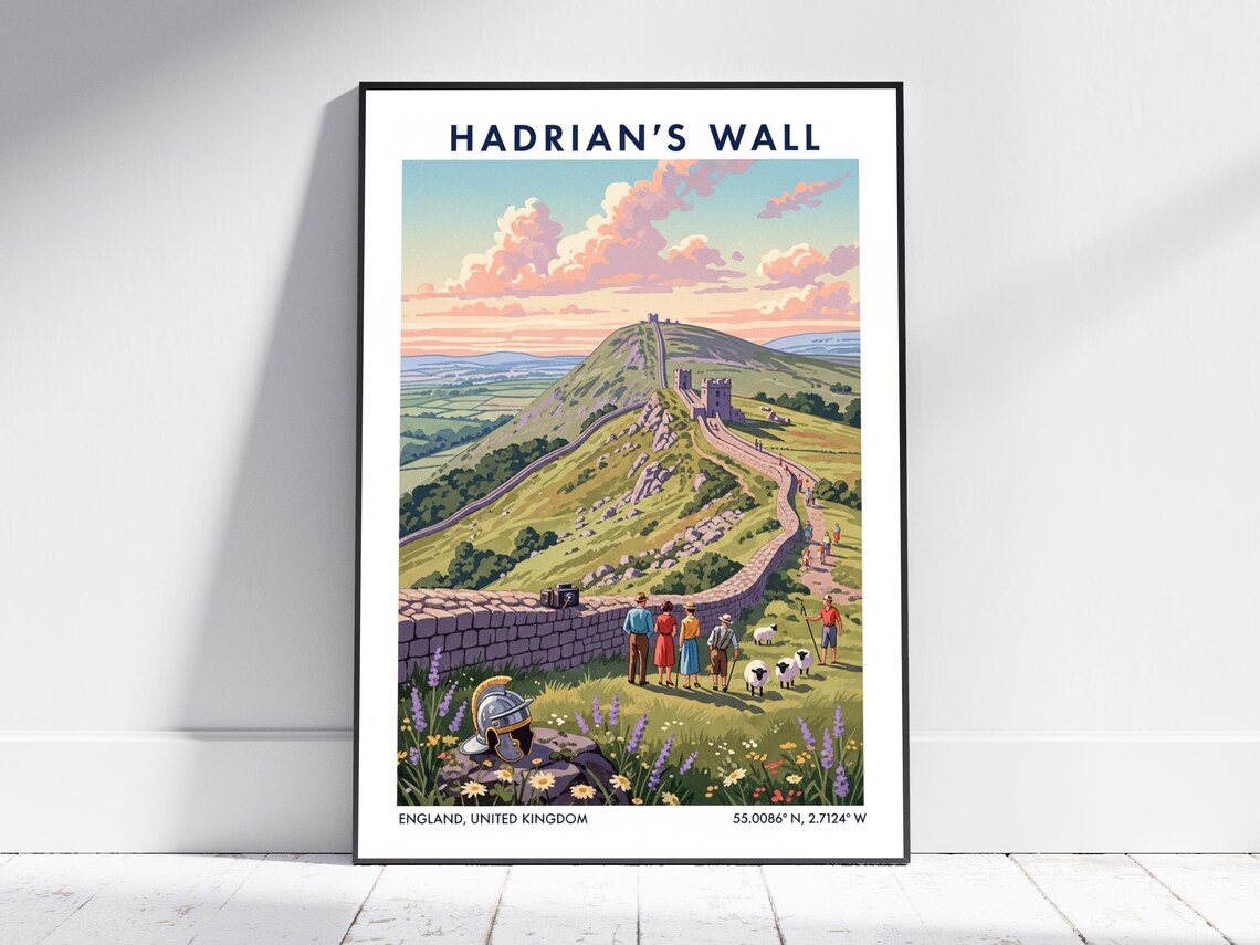Hadrians Wall England Roman Frontier Hills Vintage Travel Poster