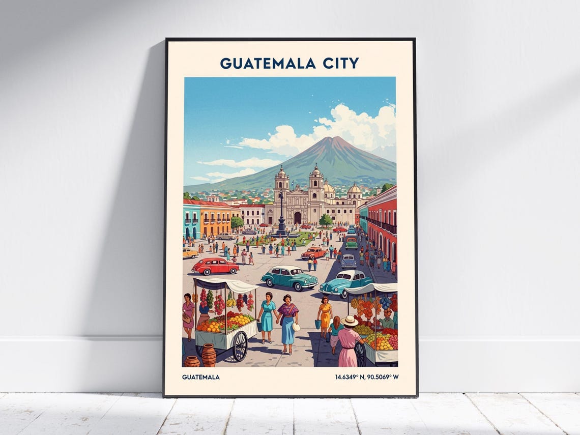 Guatemala City Plaza Cathedral Volcano Vintage Travel Scene Poster