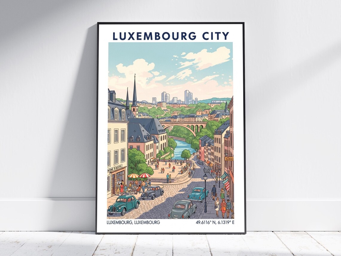 Luxembourg City Retro Travel Poster Illustrated Old Town Street Scene