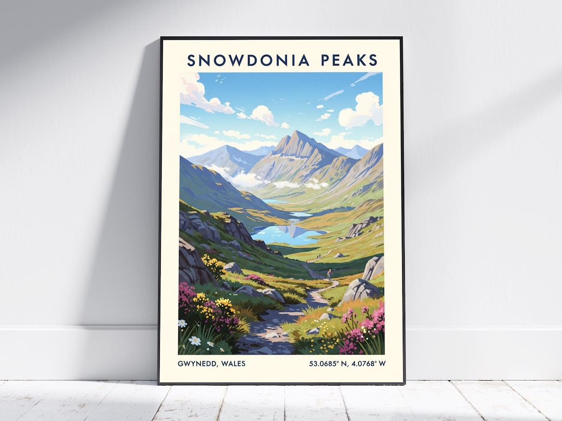 Snowdonia Peaks Wales Mountain Trail Scenic Vintage Travel Poster