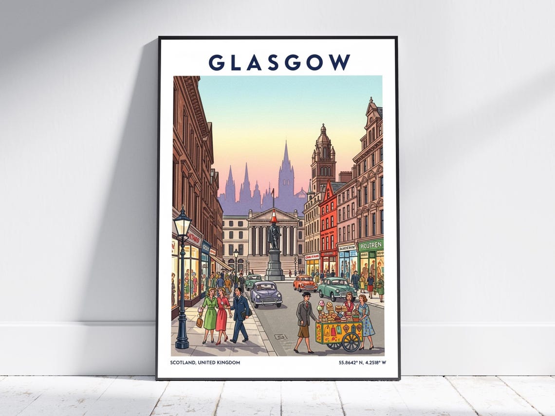 Glasgow Scotland Retro City Street Scene Vintage Travel Poster
