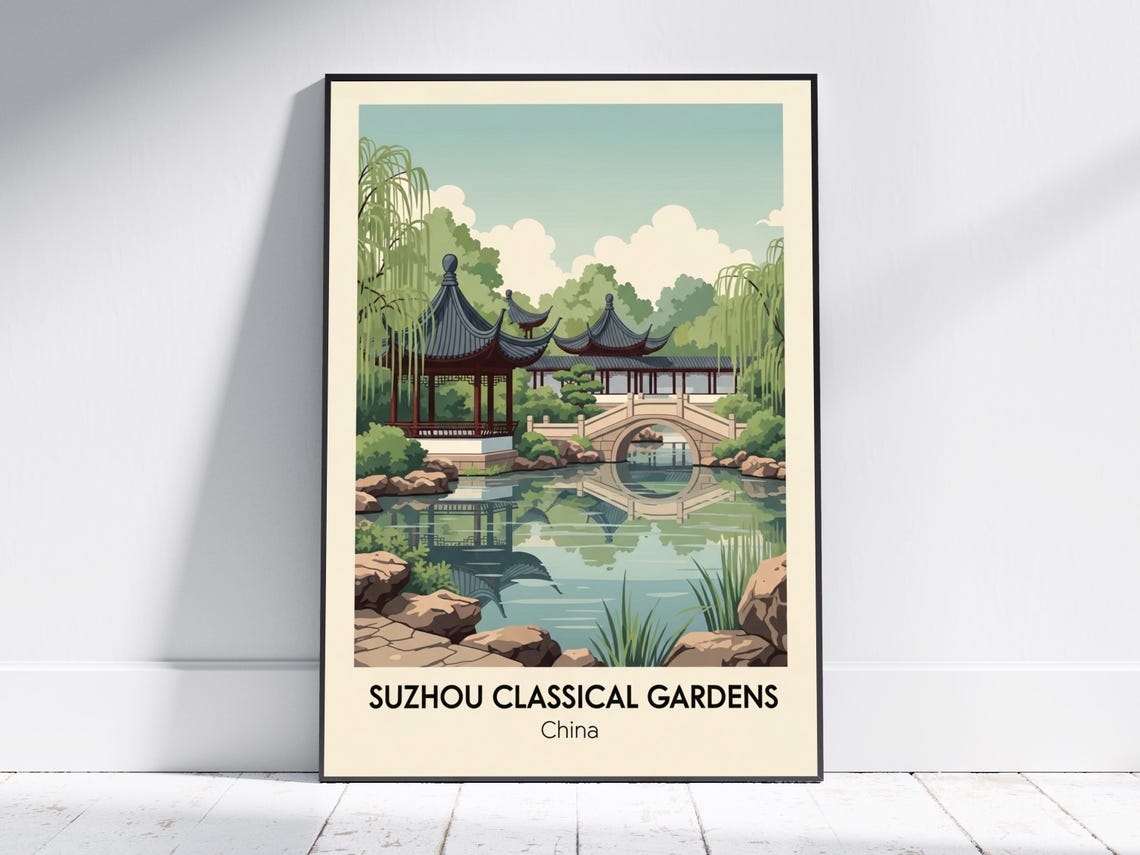 Suzhou Classical Gardens China Pagoda Moon Bridge Travel Poster
