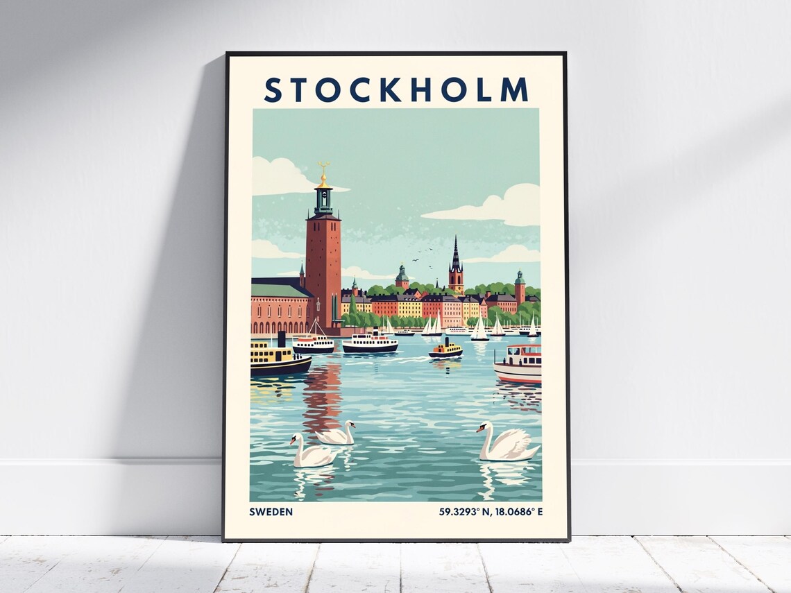 Stockholm Sweden Harbor City Hall Boats Vintage Travel Poster