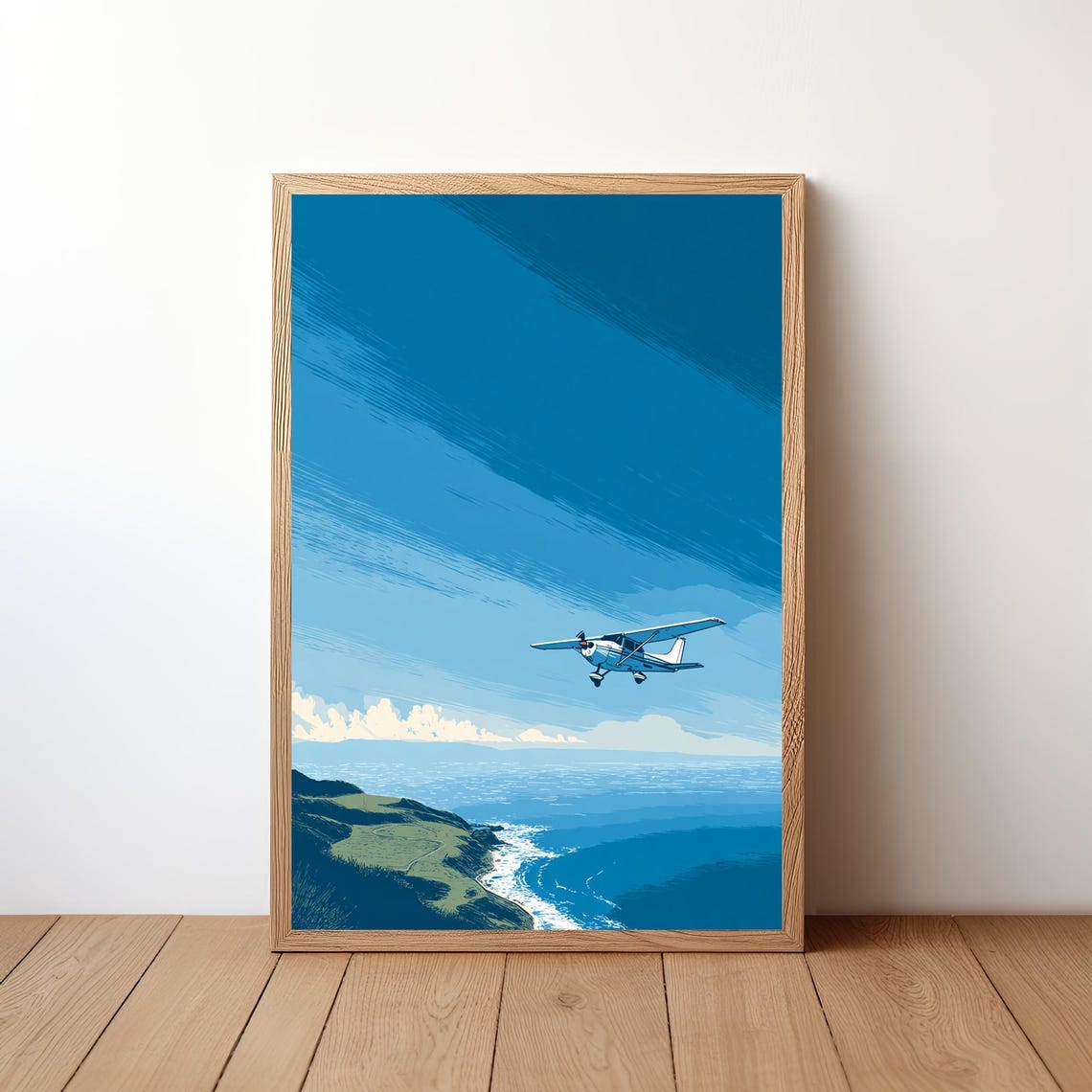 Small Plane Coastal Cliffs Illustration Poster Blue Sky Ocean Art
